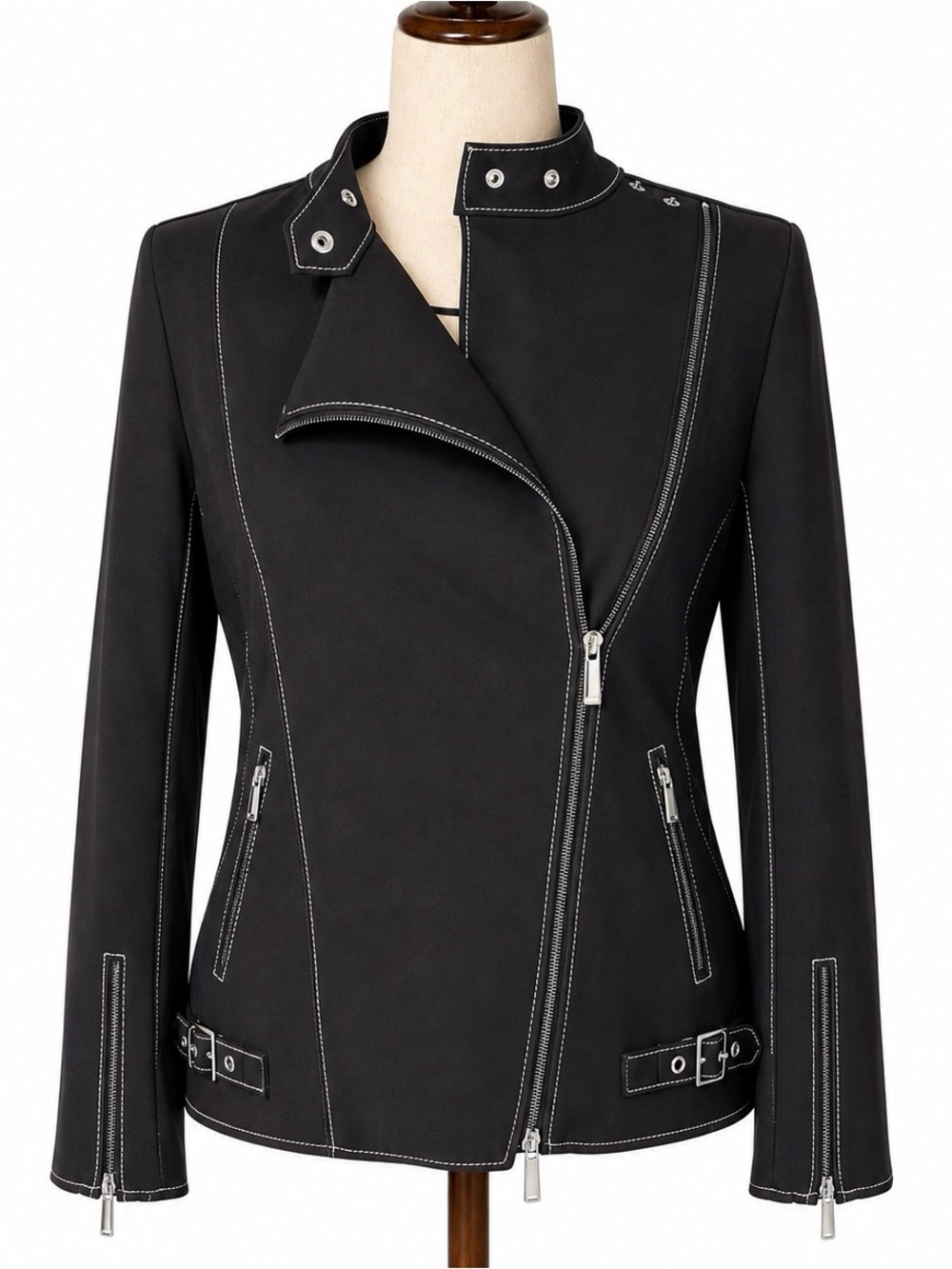 Navy blue stretch viscose Women's Asymmetrical Moto Jacket w silver hardware. M
